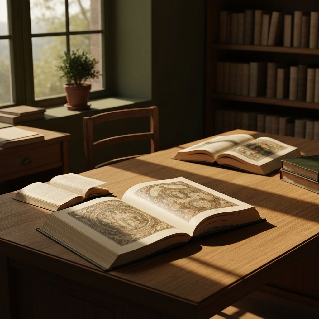 Old library study with natural light illuminating open books on a wooden desk, representing knowledge and scholarship
