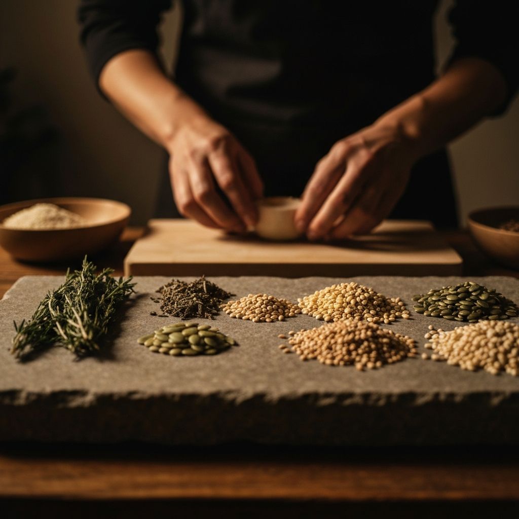 Natural ingredients and fresh herbs arranged on a stone surface with warm directed light