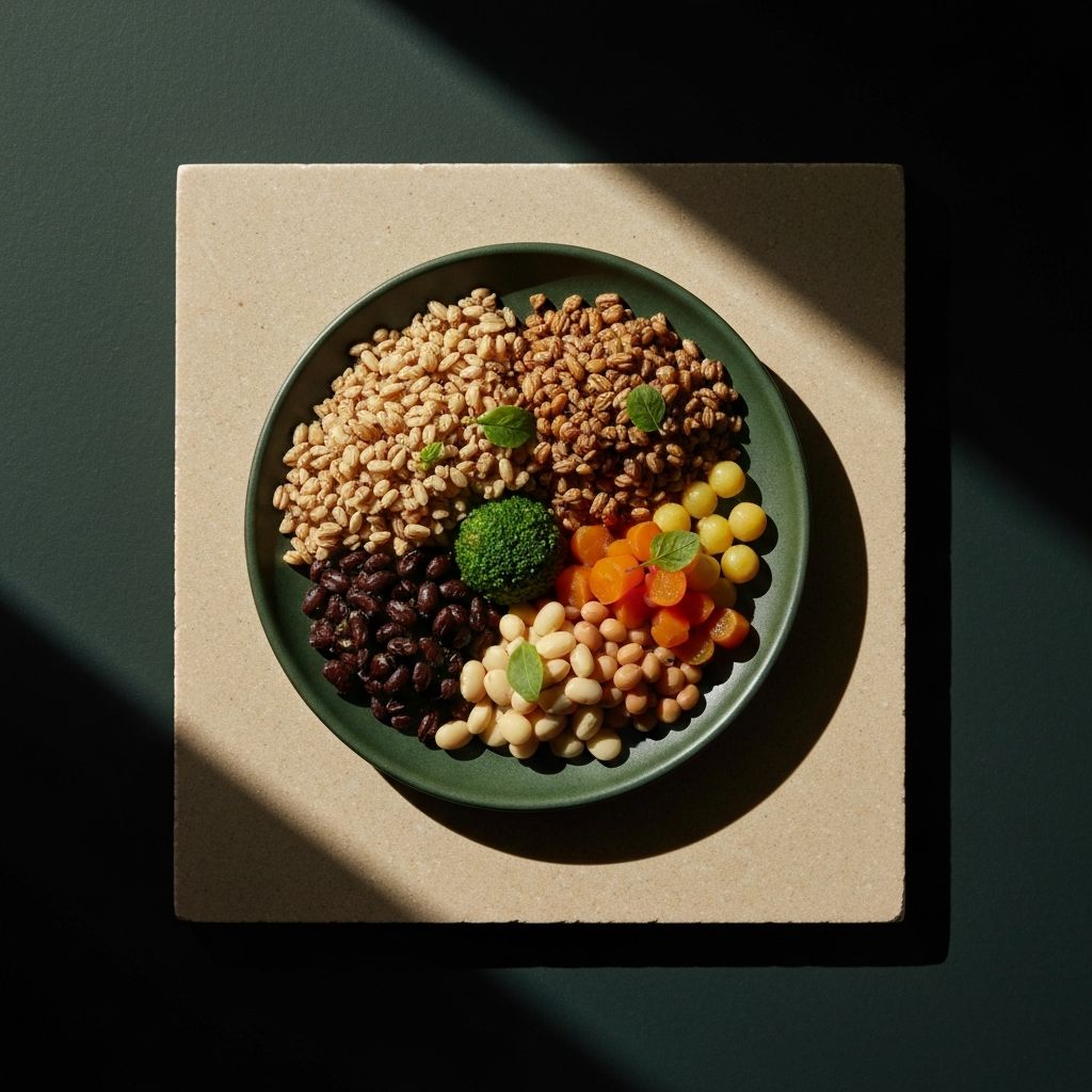 Beautifully composed plate with whole grains, vegetables and legumes in museum-quality food styling
