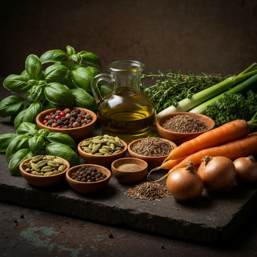 Natural cooking ingredients including herbs, whole spices and vegetables